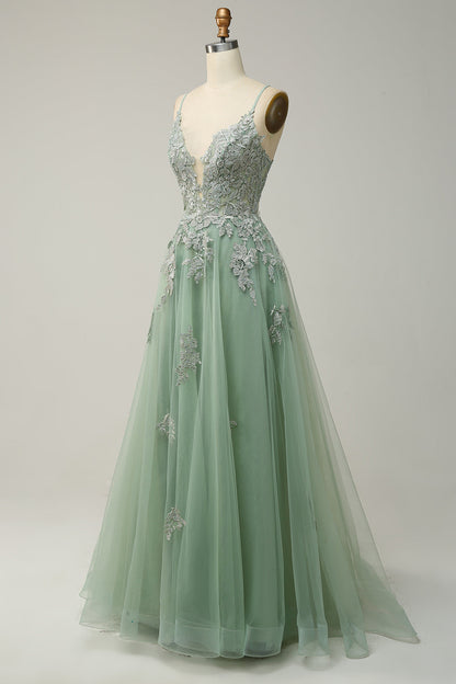 Plunging V Neck Appliques Lace-Up A-line Long Prom Dress