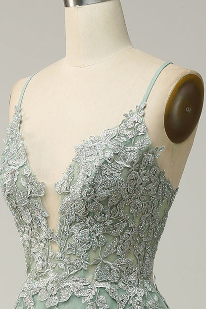 Plunging V Neck Appliques Lace-Up A-line Long Prom Dress