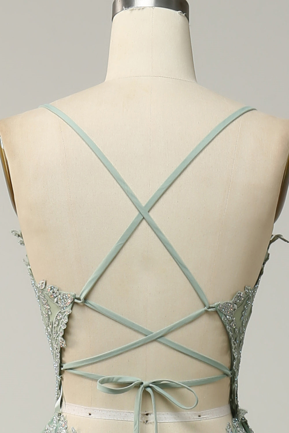 Plunging V Neck Appliques Lace-Up A-line Long Prom Dress