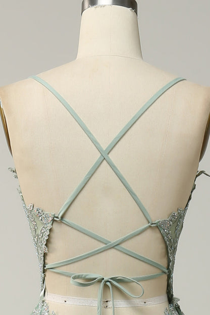 Plunging V Neck Appliques Lace-Up A-line Long Prom Dress