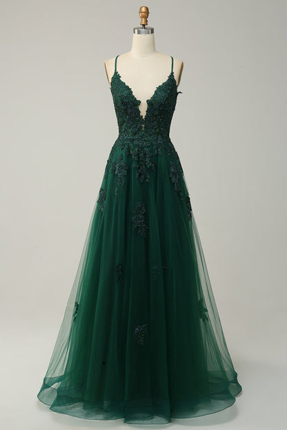 Plunging V Neck Appliques Lace-Up A-line Long Prom Dress