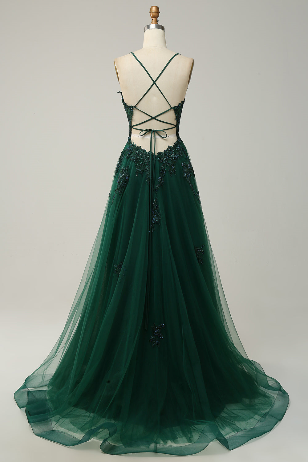 Plunging V Neck Appliques Lace-Up A-line Long Prom Dress