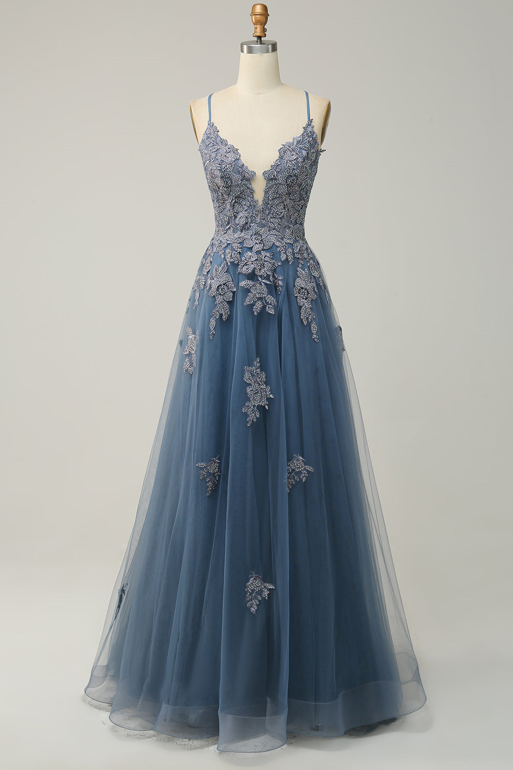 Plunging V Neck Appliques Lace-Up A-line Long Prom Dress