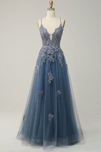 Plunging V Neck Appliques Lace-Up A-line Long Prom Dress