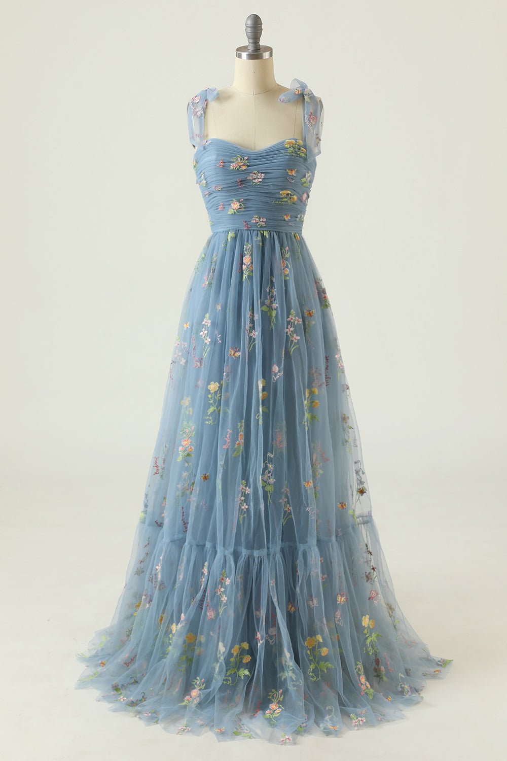 Dusty Sage Bow Tie Shoulder Appliques A-line Long Prom Dress