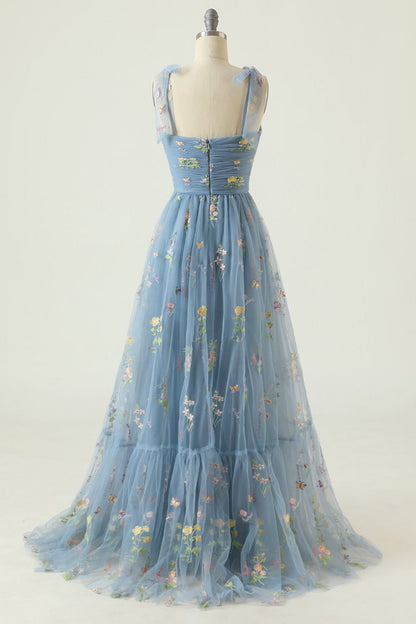 Dusty Sage Bow Tie Shoulder Appliques A-line Long Prom Dress
