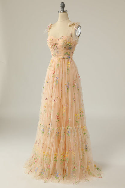 Dusty Sage Bow Tie Shoulder Appliques A-line Long Prom Dress
