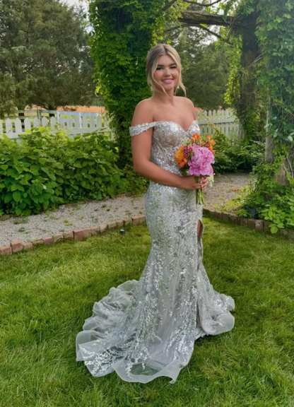 Gold Off-Shoulder Sequined Floral Mermaid Long Prom Dress with Slit