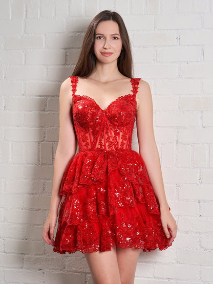 A-Line Navy Blue Sweetheart Tiered Short Homecoming Dress