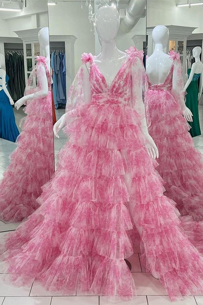 Pink Floral Bow Tie Straps Layers A-line Long Prom Dress with Slit