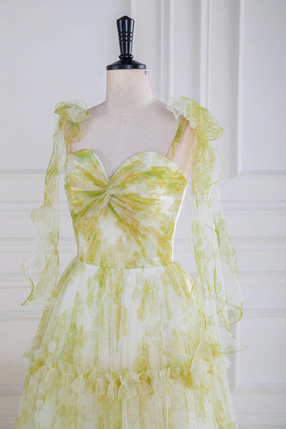 Light Yellow Bow Tie Straps Twisted Knot Ruffled Floral Long Prom Dress