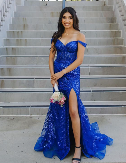 Gold Off-Shoulder Sequined Floral Mermaid Long Prom Dress with Slit