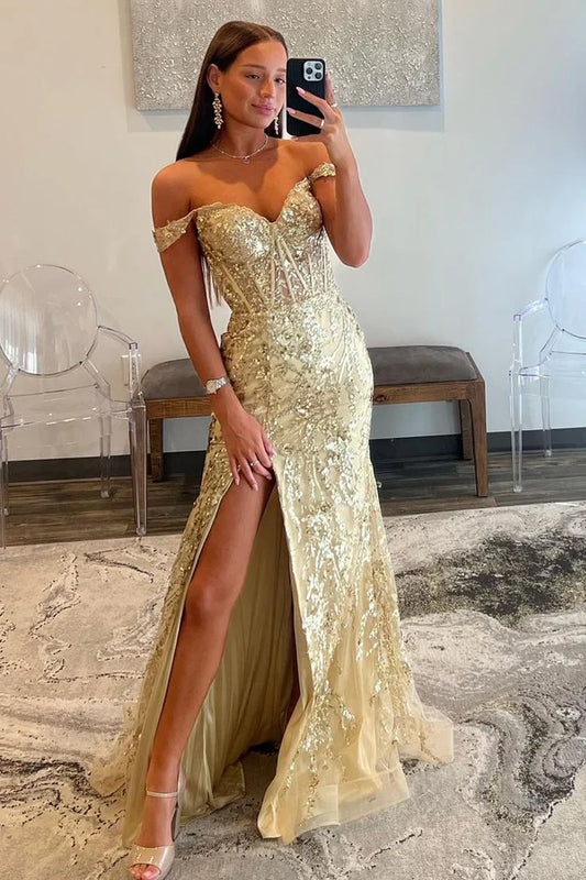 Gold Off-Shoulder Sequined Floral Mermaid Long Prom Dress with Slit