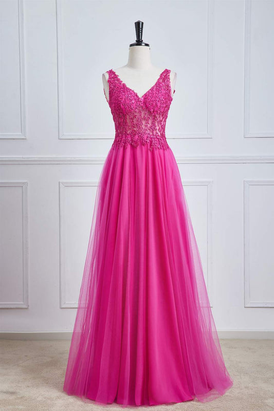 Fuchsia Plunging V Neck Floral A-line Long Prom Dress