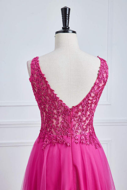 Fuchsia Plunging V Neck Floral A-line Long Prom Dress