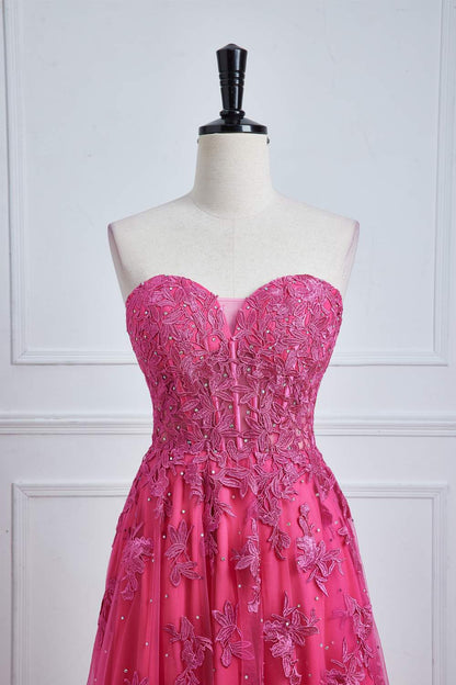 Hot Pink Strapless A-line Floral Long Prom Dress with Slit