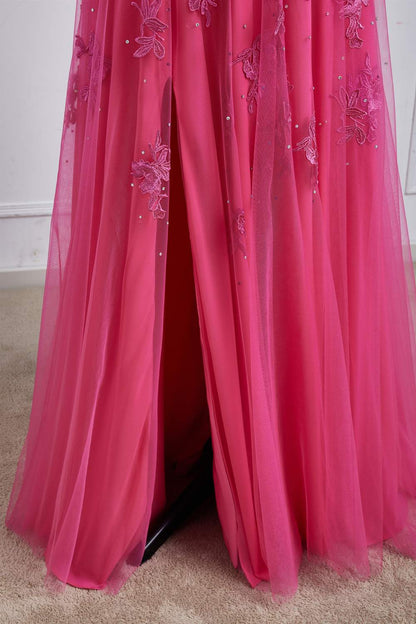 Hot Pink Strapless A-line Floral Long Prom Dress with Slit