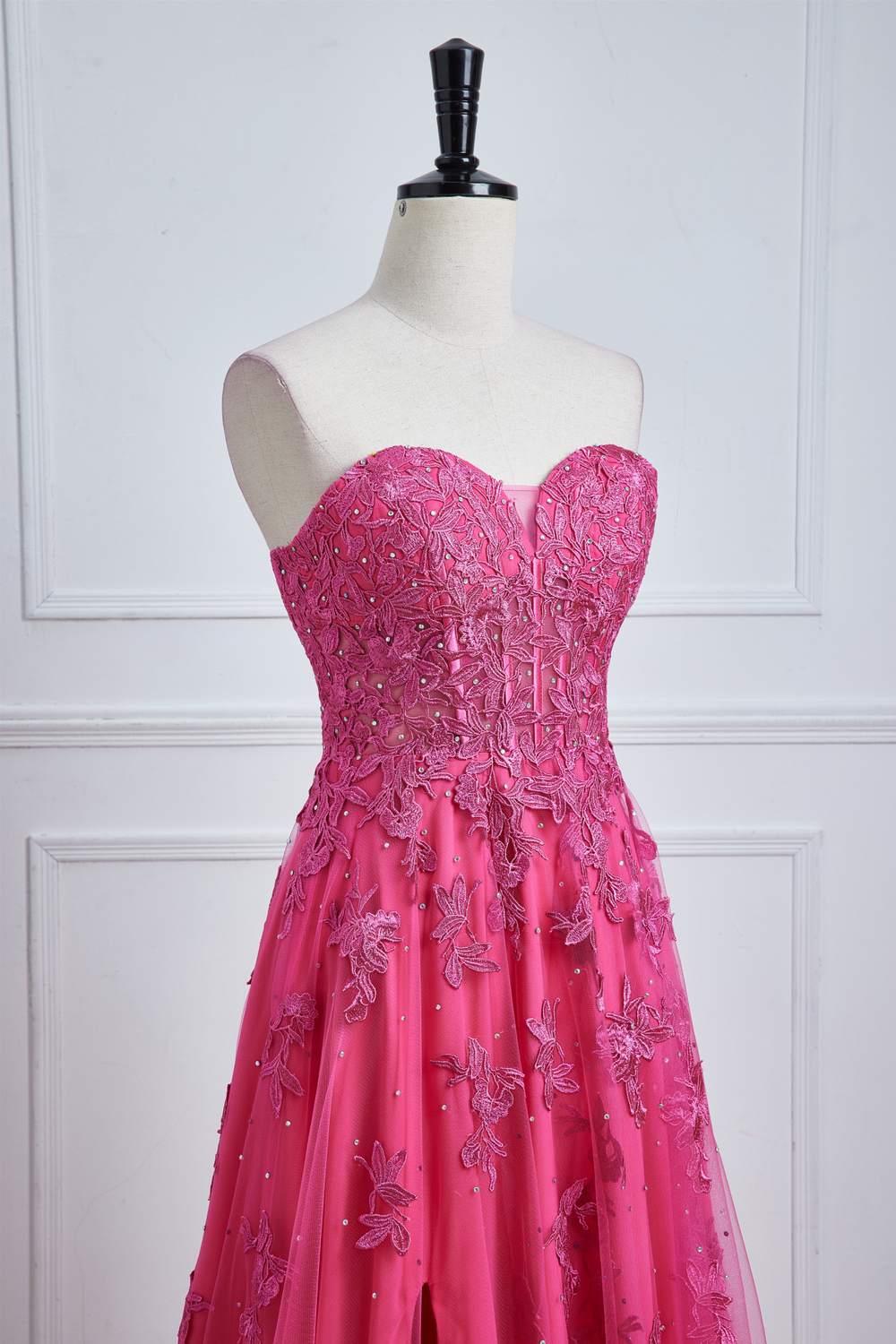 Hot Pink Strapless A-line Floral Long Prom Dress with Slit
