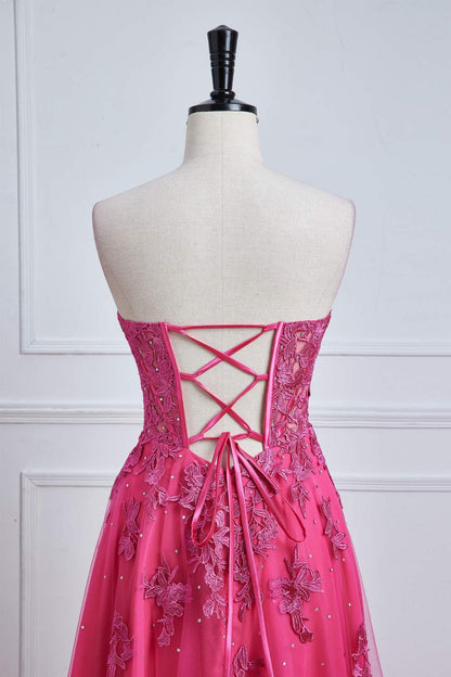 Hot Pink Strapless A-line Floral Long Prom Dress with Slit