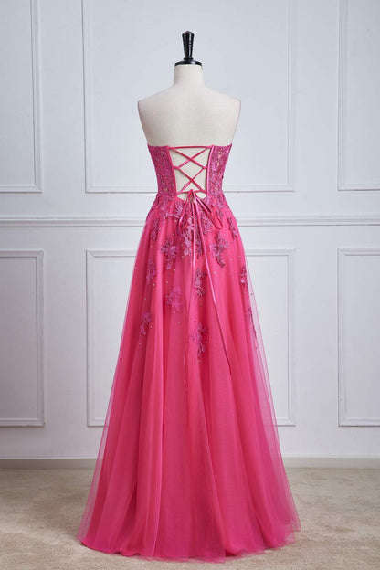 Hot Pink Strapless A-line Floral Long Prom Dress with Slit