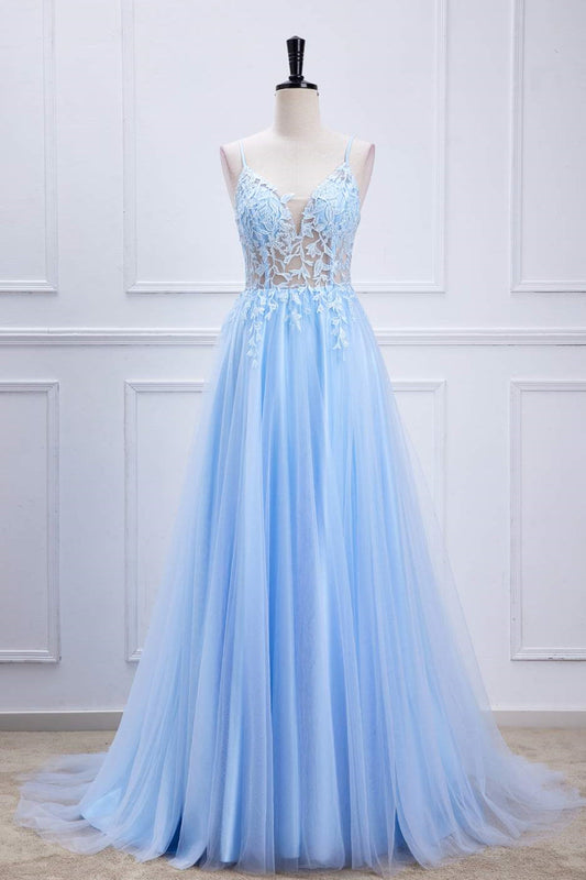 Light Blue Lace-Up Appliques A-line Long Prom Dress