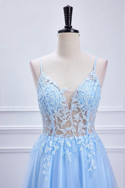 Light Blue Lace-Up Appliques A-line Long Prom Dress