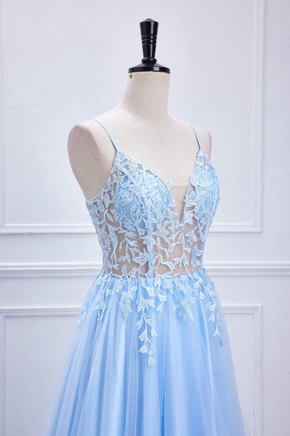 Light Blue Lace-Up Appliques A-line Long Prom Dress
