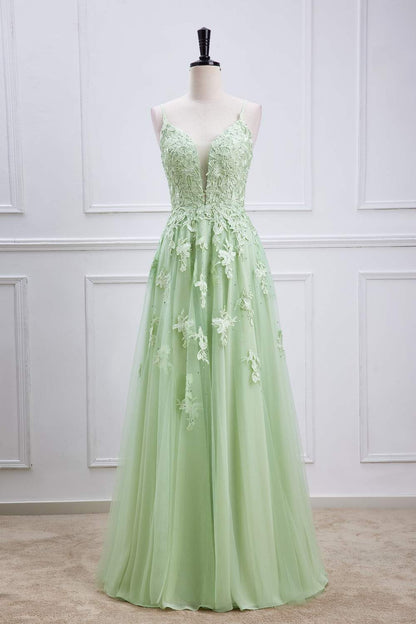 Sage Green Plunging V Neck Lace-Up Appliques Long Prom Dress