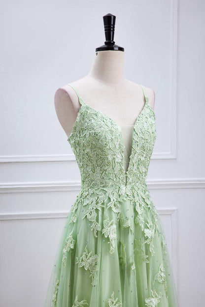 Sage Green Plunging V Neck Lace-Up Appliques Long Prom Dress