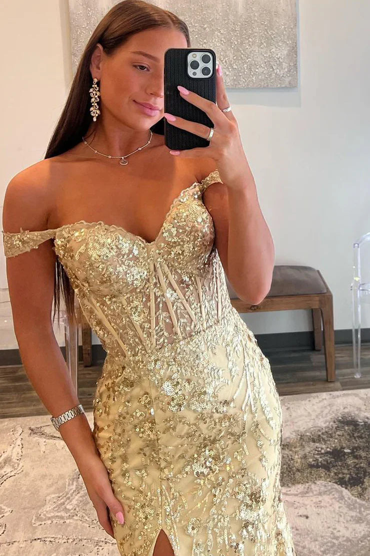 Gold Off-Shoulder Sequined Floral Mermaid Long Prom Dress with Slit