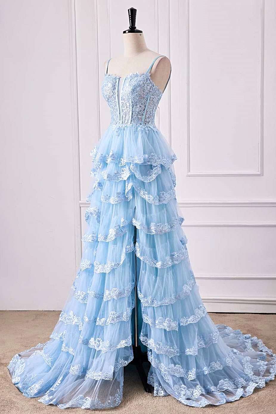 Light Blue Floral Layers Spaghetti Straps Long Prom Dress with Slit