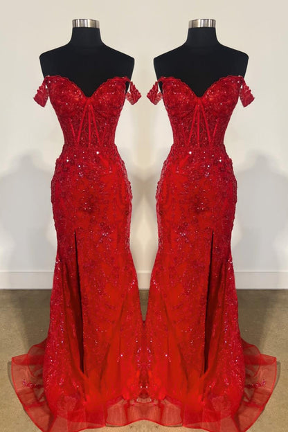 Gold Off-Shoulder Sequined Floral Mermaid Long Prom Dress with Slit