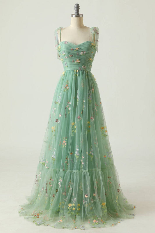 Dusty Sage Bow Tie Shoulder Appliques A-line Long Prom Dress