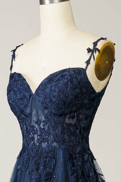 Dark Navy A-line V Neck Tulle Applique Boning Long Prom Dress