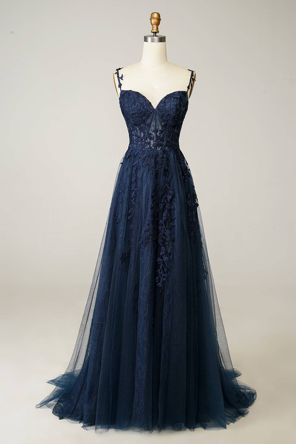 Dark Navy A-line V Neck Tulle Applique Boning Long Prom Dress
