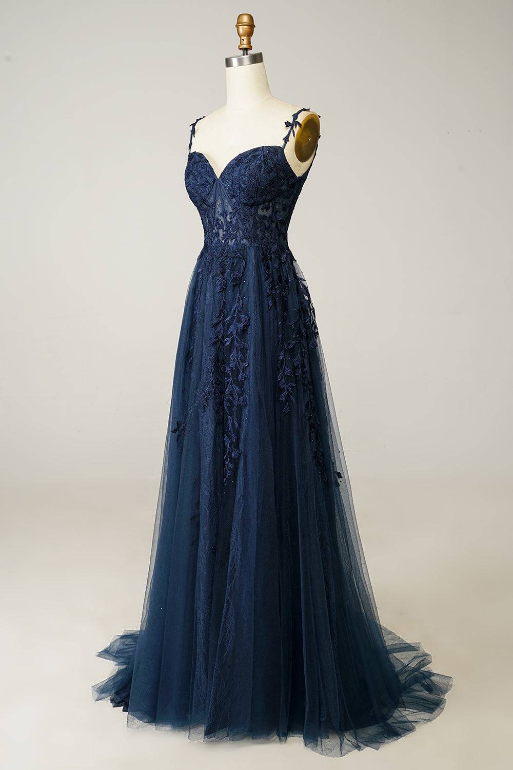Dark Navy A-line V Neck Tulle Applique Boning Long Prom Dress