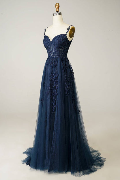 Dark Navy A-line V Neck Tulle Applique Boning Long Prom Dress