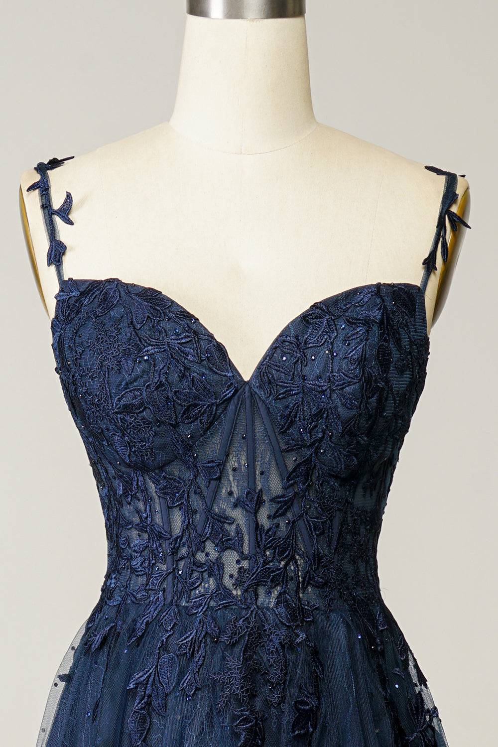 Dark Navy A-line V Neck Tulle Applique Boning Long Prom Dress