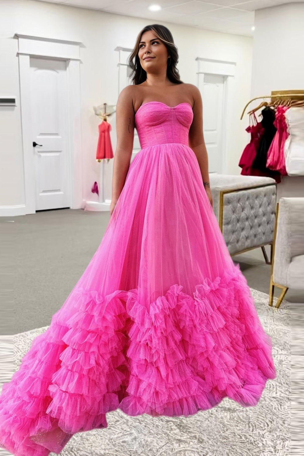 Hot Pink Strapless Prom Dress with Ruffle
