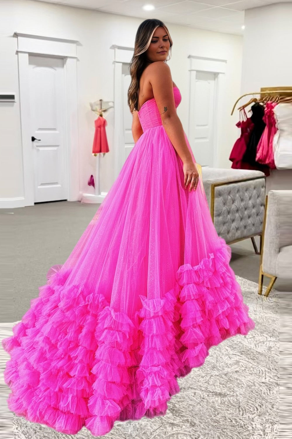 Hot Pink Strapless Prom Dress with Ruffle