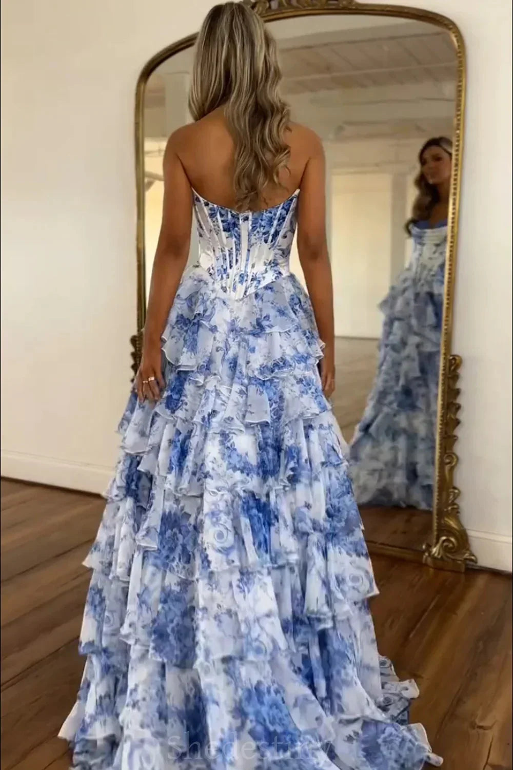 Sweetheart Strapless Empire A-Line Floral Tiered Party Prom Dress