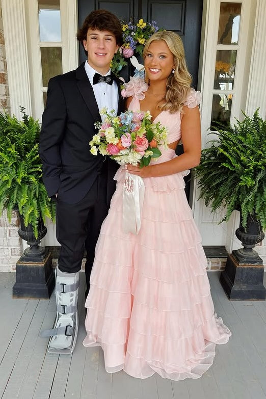 A-Line Low V-Neck Ruffled Straps Tiered Party Prom Dress