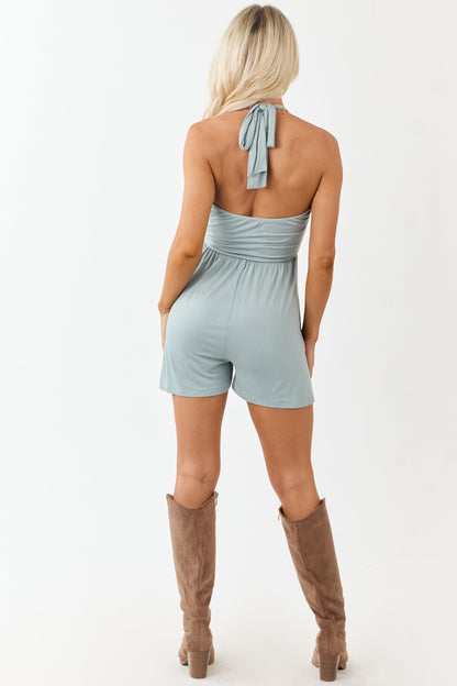 Arctic Blue Halter Neck Ruched Wide Leg Romper