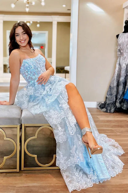 Bateau Sleeveless Lace Tiered A-Line Party Prom Dress With Slit