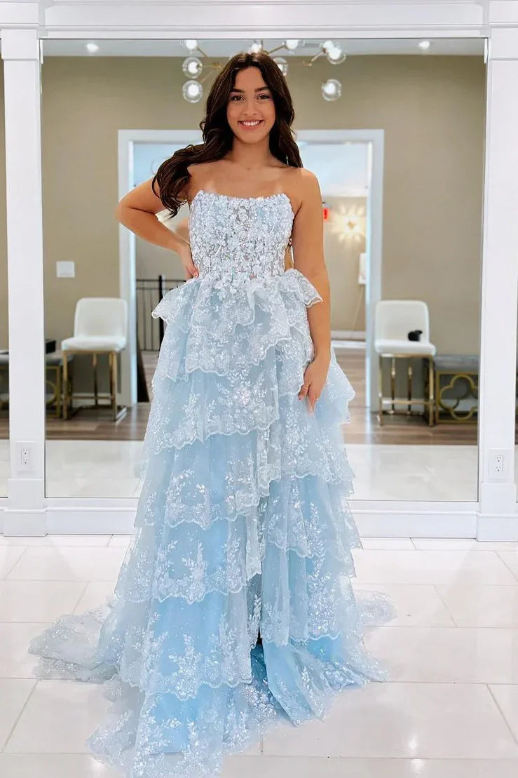 Bateau Sleeveless Lace Tiered A-Line Party Prom Dress With Slit