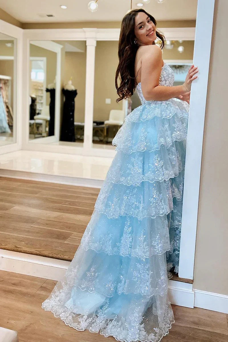 Bateau Sleeveless Lace Tiered A-Line Party Prom Dress With Slit
