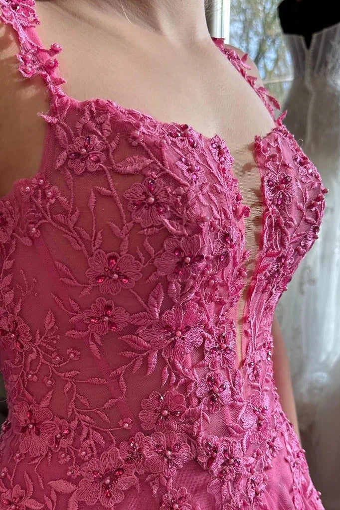 Bateau Spaghetti Straps Lace Appliques Tulle A-Line Party Prom Dress