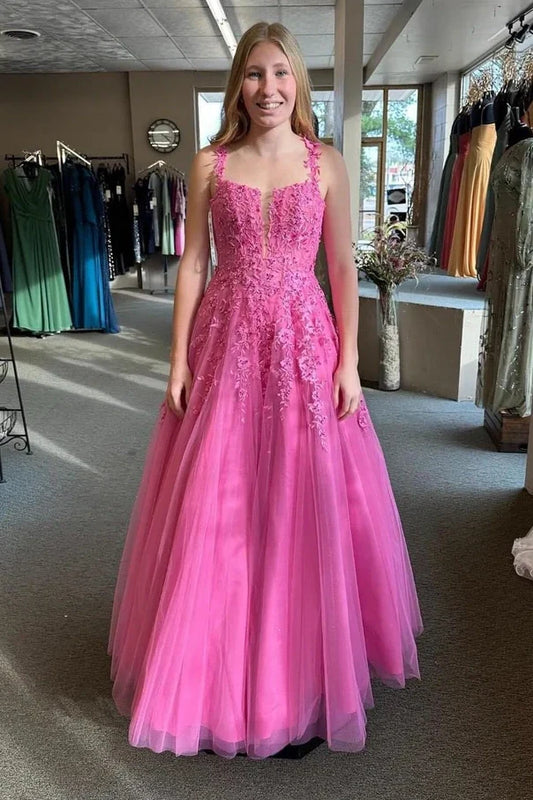 Bateau Spaghetti Straps Lace Appliques Tulle A-Line Party Prom Dress