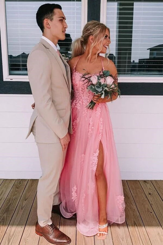 Bateau Spaghetti Straps Lace Up Appliques Tulle A-Line Party Prom Dress