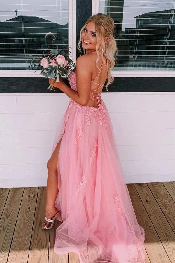 Bateau Spaghetti Straps Lace Up Appliques Tulle A-Line Party Prom Dress